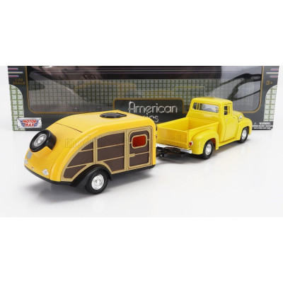 MOTOR MAX FORD USA F-100 PICK-UP WITH TRAILER ROULOTTE 1955 - YELLOW WOOD 1/24