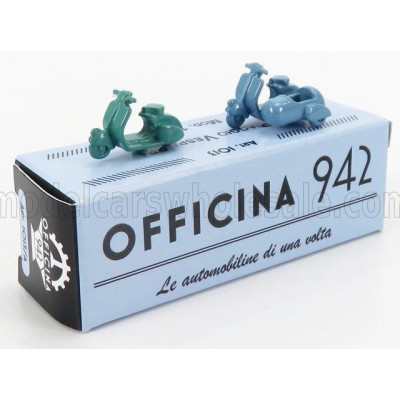 OFFICINA 942 PIAGGIO SET 2X VESPA 98 + VESPA 98 SIDECAR 1946 - GREEN LIGHT BLUE 1/76