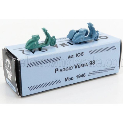 OFFICINA 942 PIAGGIO SET 2X VESPA 98 + VESPA 98 SIDECAR 1946 - GREEN LIGHT BLUE 1/76
