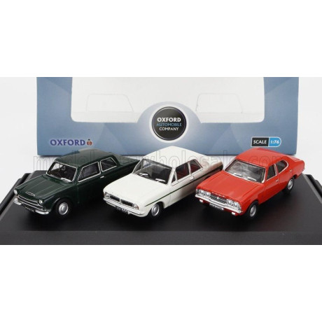 OXFORD MODELS FORD ENGLAND SET 3X CORTINA MKI 1962 - MKII 1967 - MKIII 1973 - GREEN WHITE ORANGE 1/76