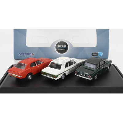 OXFORD MODELS FORD ENGLAND SET 3X CORTINA MKI 1962 - MKII 1967 - MKIII 1973 - GREEN WHITE ORANGE 1/76
