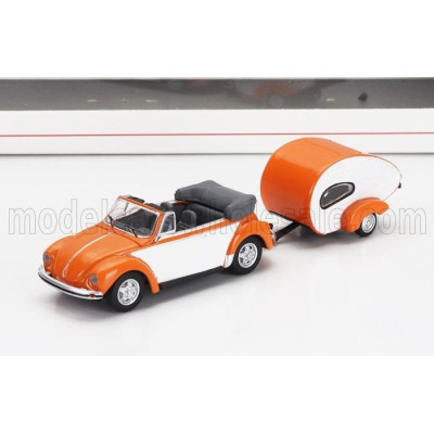 SCHUCO VOLKSWAGEN BEETLE CABRIOLET WITH CARAVAN TRAILER 1960 - ORANGE WHITE 1/87