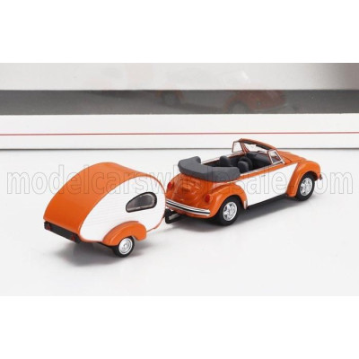 SCHUCO VOLKSWAGEN BEETLE CABRIOLET WITH CARAVAN TRAILER 1960 - ORANGE WHITE 1/87