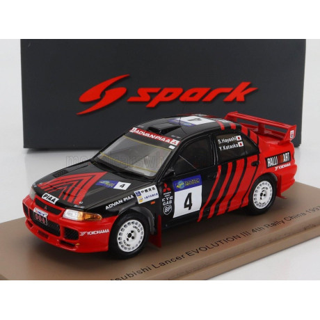SPARK MODEL MITSUBISHI LANCER EVOLUTION III N 4 RALLY CHINA 1997 YOSHIHIRO KATAOKA - SATOAHI HAYASHI - RED BLACK 1/43