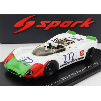 SPARK MODEL PORSCHE 908-2 SPIDER N 272 4th TARGA FLORIO 1969 W.KAUSHEN - K.VON WENDT - WHITE GREEN RED 1/43