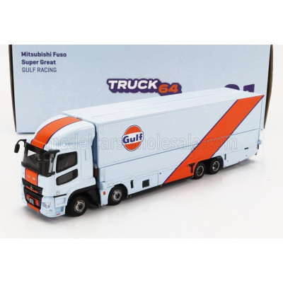 TARMAC MITSUBISHI FUSO TRUCK CAR TRANSPORTER GULF RACING LIVERY 4-ASSI 2023 - CARS NOT INCLUDED - LIGHT BLUE ORANGE 1/64