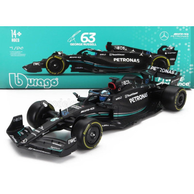 BURAGO MERCEDES GP F1 W14 TEAM MERCEDES-AMG PETRONAS FORMULA ONE N 63 SEASON 2023 GEORGE RUSSELL - WITH PILOT AND SHOWCASE - MAT