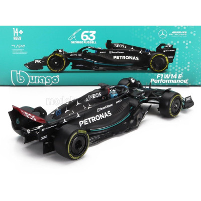 BURAGO MERCEDES GP F1 W14 TEAM MERCEDES-AMG PETRONAS FORMULA ONE N 63 SEASON 2023 GEORGE RUSSELL - WITH PILOT AND SHOWCASE - MAT