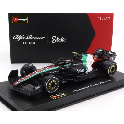 BURAGO ALFA ROMEO F1  C43 TEAM STAKE N 24 MONZA ITALY GP 2023 GUANYU ZHOU - WITH PILOT AND SHOWCASE - BLACK RED WHITE GREEN 1/43