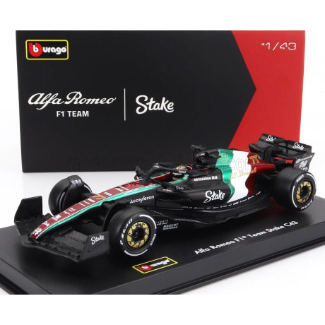 BURAGO ALFA ROMEO F1  C43 TEAM STAKE N 77 MONZA ITALY GP 2023 VALTTERI BOTTAS - WITH PILOT AND SHOWCASE - BLACK RED WHITE GREEN