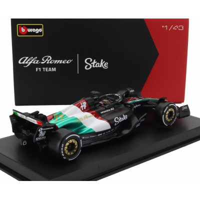 BURAGO ALFA ROMEO F1  C43 TEAM STAKE N 77 MONZA ITALY GP 2023 VALTTERI BOTTAS - WITH PILOT AND SHOWCASE - BLACK RED WHITE GREEN