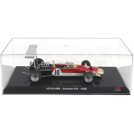 EDICOLA LOTUS F1  TYPE 49B N 10 WORLD CHAMPION SEASON 1968 GRAHAM HILL - CON VETRINA - WITH SHOWCASE - RED WHITE GOLD 1/24