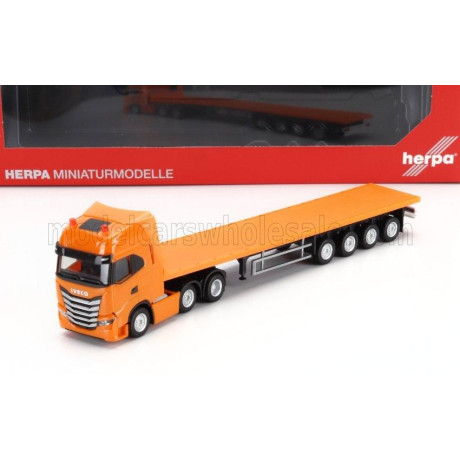 HERPA IVECO FIAT S-WAY 6x2 TRUCK RIMORCHIO PIANALE 2021 - ORANGE 1/87