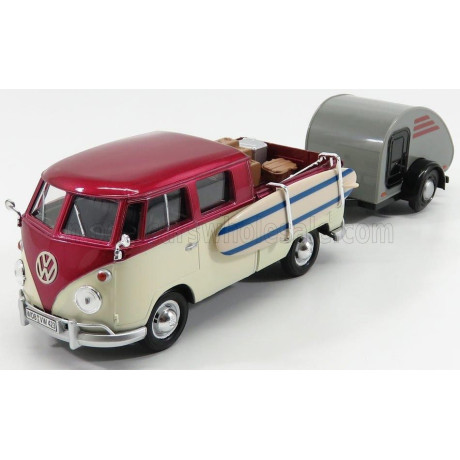 MOTOR MAX VOLKSWAGEN T1 TYPE 2 DOUBLE CABINE WITH TRAILER 1962 - RED CREAM 1/24