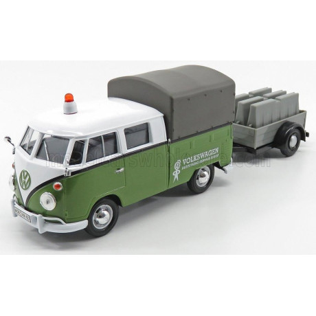 MOTOR MAX VOLKSWAGEN T1 TYPE 2 DOUBLE CABINE PICK-UP CLOSED ROAD SERVICE 1962 WITH TRAILER - GREEN WHITE GREY 1/24