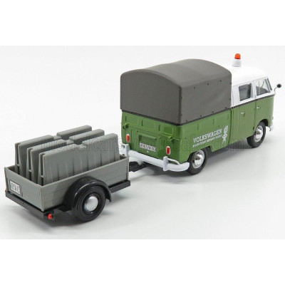MOTOR MAX VOLKSWAGEN T1 TYPE 2 DOUBLE CABINE PICK-UP CLOSED ROAD SERVICE 1962 WITH TRAILER - GREEN WHITE GREY 1/24