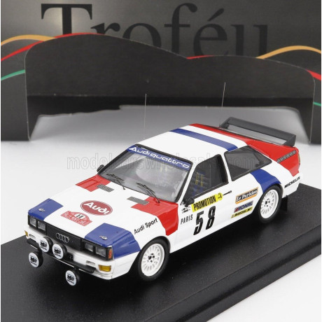 TROFEU AUDI QUATTRO (night version) N 58 RALLY MONTECARLO 1983 JACQUES BRIY - JACQUES HENUSET - WHITE BLUE RED 1/43