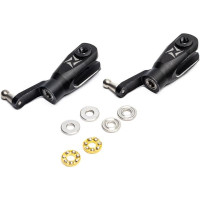 Tuning alkatrész a Blade Revolution 235 CP helikopter RC modelljéhez: CNC megmunkált alumíniumból készült rotorlapát-tartók, gömbcsapokkal, valamint radiális és axiális csapágyakkal együtt.