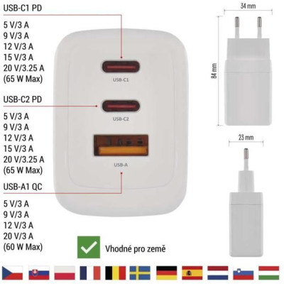 Síťový USB adaptér (zdroj) GaN PD 65W