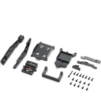 Losi 1:28 Micro-T RC modellautó alkatrész: alváz alkatrészek. Minden kompozit alkatrész és rögzítőelem a jármű középső részének az alvázlemez feletti összeszereléséhez - akkumulátorrekesz, oldalsó védőelemek, szervo tartó, rekesz és fedél, akkumulátortartó.