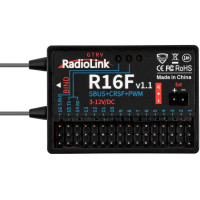 Tizenhat csatornás 2,4 GHz-es FHSS telemetriai vevő Radiolink T12D és T16D adókhoz. PWM, PWM+S.BUS, PWM+CRSF+S.BUS, PWM+CRSF üzemmódok. Méretek 45x32x15 mm, súly 17 g. Bemenet a külső feszültség mérésére 3-33,6V (1-8S LiPo).