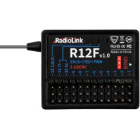 Tizenkét csatornás 2,4 GHz-es FHSS vevő telemetria nélkül Radiolink T12D és T16D adókhoz. Működési módok: PWM, PWM+S.BUS, PWM+CRSF+S.BUS, PWM+CRSF. Méretek: 35,6x25x13,6 mm, súly: 11,8 g.