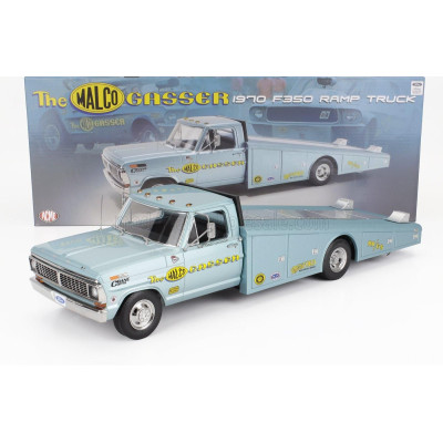 ACME MODELS FORD USA F-350 TRUCK RAMP CAR TRANSPORTER MALCO GASSER 1970 - LIGH BLUE MET 1/18