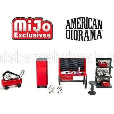 AMERICAN DIORAMA ACCESSORIES SET OFFICINA GARAGE TOOL - GREY RED 1/64