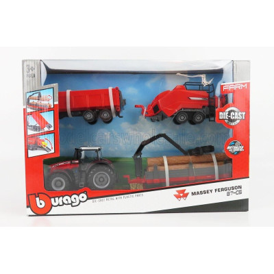 BURAGO MASSEY FERGUSON 8740S TRACTOR WITH BALER LIFTER + TIPPING TRAILER + TREE FORWARDER 2016 - RED 1/50