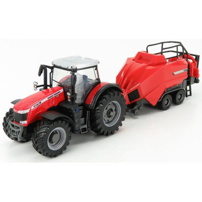 BURAGO MASSEY FERGUSON 8740S TRACTOR WITH BALER LIFTER + TIPPING TRAILER + TREE FORWARDER 2016 - RED 1/50