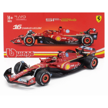 BURAGO FERRARI F1  SF-24 TEAM SCUDERIA FERRARI N 16 WINNER ITALY MONZA GP 2024 CHARLES LECLERC - WITH PILOT AND SHOWCASE - RED W