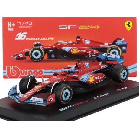 BURAGO FERRARI F1  SF-24 TEAM SCUDERIA FERRARI N 16 3rd MIAMI GP 2024 CHARLES LECLERC - WITH PILOT AND SHOWCASE - RED BLACK LIGH