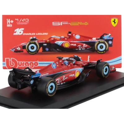 BURAGO FERRARI F1  SF-24 TEAM SCUDERIA FERRARI N 16 3rd MIAMI GP 2024 CHARLES LECLERC - WITH PILOT AND SHOWCASE - RED BLACK LIGH