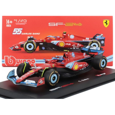 BURAGO FERRARI F1  SF-24 TEAM SCUDERIA FERRARI N 55 5th MIAMI GP 2024 CARLOS SAINZ - WITH PILOT AND SHOWCASE - RED BLACK LIGHT B