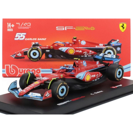 BURAGO FERRARI F1  SF-24 TEAM SCUDERIA FERRARI N 55 5th MIAMI GP 2024 CARLOS SAINZ - WITH PILOT AND SHOWCASE - RED BLACK LIGHT B