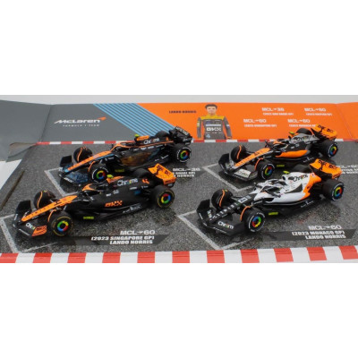 BURAGO McLAREN F1  SET 4X - TEAM MCLAREN MCL36 N 4 ABU DHABI GP 2022 - MCL60 N 4 SINGAPORE GP - MONACO GP - BRITISH GP 2023 LAND