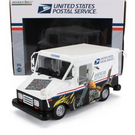 GREENLIGHT GRUMMAN LLV TRUCK VAN USPS MAIL POST AMERICAN MOTORCYCLES 2010 - WHITE BLACK 1/18