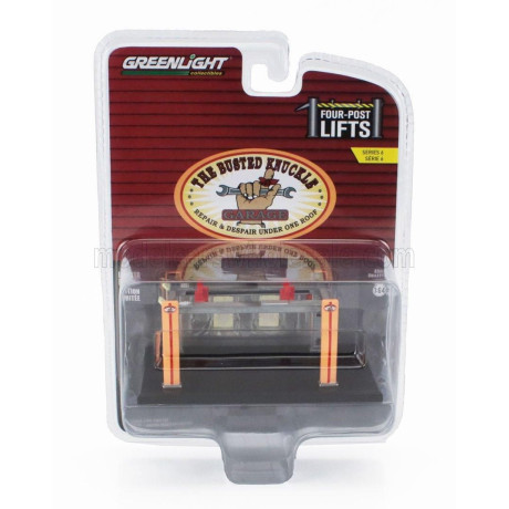 GREENLIGHT ACCESSORIES BUSTED KNUCKLE GARAGE SET OFFICINA - PONTE SOLLEVATORE AUTO - FOUR POST LIFT - YELLOW BROWN 1/64