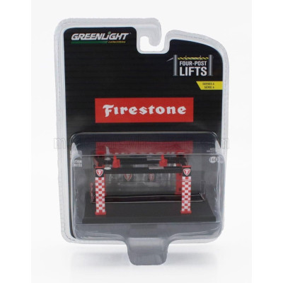 GREENLIGHT ACCESSORIES FIRESTONE GARAGE SET OFFICINA - PONTE SOLLEVATORE AUTO - FOUR POST LIFT - RED WHITE 1/64