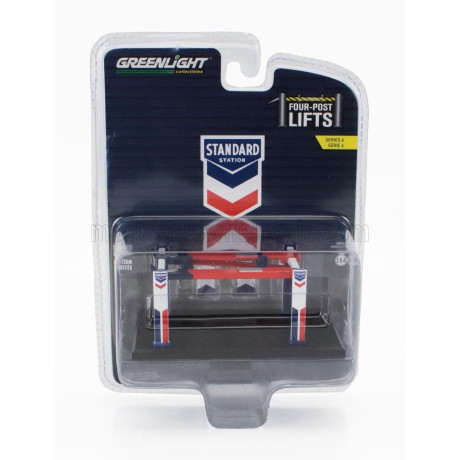 GREENLIGHT ACCESSORIES STANDARD OIL GARAGE SET OFFICINA - PONTE SOLLEVATORE AUTO - FOUR POST LIFT - BLUE WHITE RED 1/64