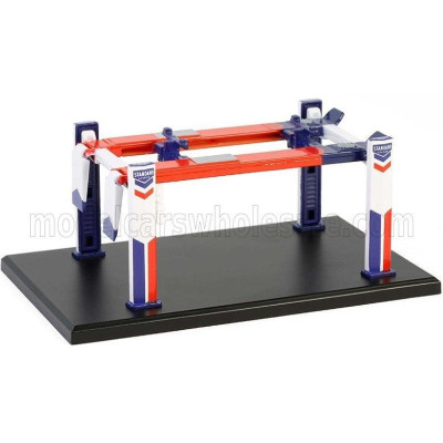 GREENLIGHT ACCESSORIES STANDARD OIL GARAGE SET OFFICINA - PONTE SOLLEVATORE AUTO - FOUR POST LIFT - BLUE WHITE RED 1/64