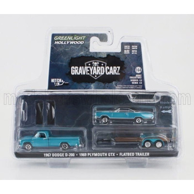 GREENLIGHT DODGE D-200 PICK-UP 1967 WITH TRAILER + GTX COUPE 1969 - GRAVEYARD CARZ - BLUE MET 1/64