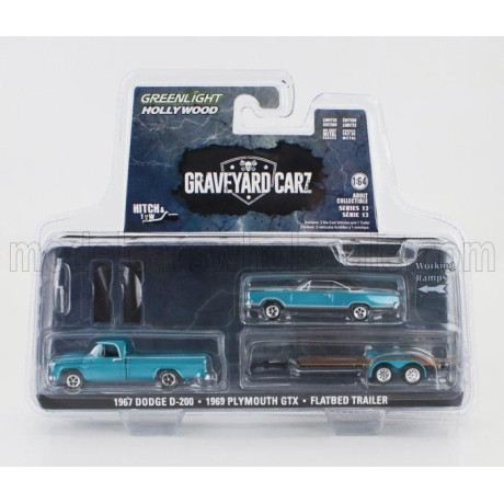 GREENLIGHT DODGE D-200 PICK-UP 1967 WITH TRAILER + GTX COUPE 1969 - GRAVEYARD CARZ - BLUE MET 1/64