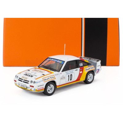 IXO MODELS OPEL MANTA 400 TEAM GM DEALER SPORT N 10 3rd RALLY MANX 1985 BERTIE FISHER - AUSTIN FRAZER - WHITE RED YELLOW 1/43