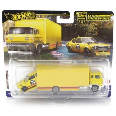 MATTEL HOT WHEELS TRUCK SAKURA SPRINTER CAR TRANSPORTER WITH TOYOTA COROLLA LEVIN N 72 RACING 1972 - YELLOW 1/64