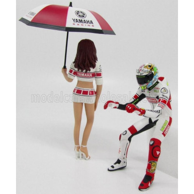 MINICHAMPS FIGURES PILOTA VALENTINO ROSSI E OMBRELLINA GP VALENCIA 2005 - WHITE RED 1/12