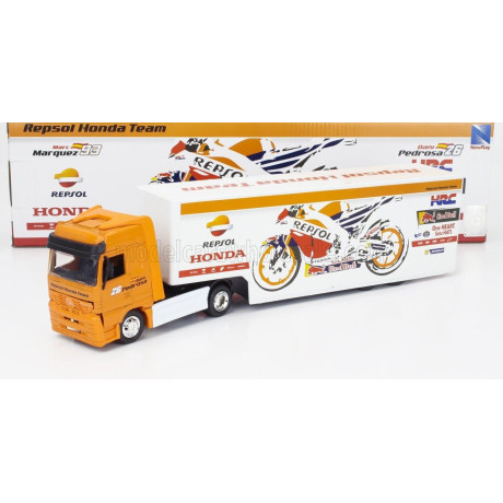 NEWRAY MERCEDES BENZ ACTROS 1857 TRUCK TEAM HONDA RC213V REPSOL BIKE TRANSPORTER N 93 WORLD CHAMPION MARC MARQUEZ - N 26 DANI PE
