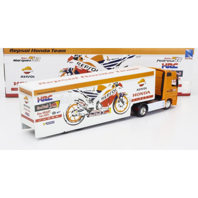 NEWRAY MERCEDES BENZ ACTROS 1857 TRUCK TEAM HONDA RC213V REPSOL BIKE TRANSPORTER N 93 WORLD CHAMPION MARC MARQUEZ - N 26 DANI PE