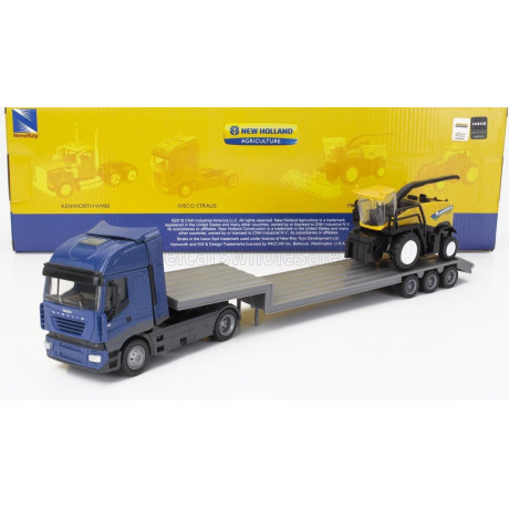 NEWRAY IVECO FIAT STRALIS 540 TRUCK PIANALE 2009 WITH NEW HOLLAND FR920 MIETITREBBIA GOMMATA HARVESTER - BLUE YELLOW BLACK 1/43