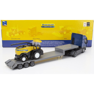 NEWRAY IVECO FIAT STRALIS 540 TRUCK PIANALE 2009 WITH NEW HOLLAND FR920 MIETITREBBIA GOMMATA HARVESTER - BLUE YELLOW BLACK 1/43